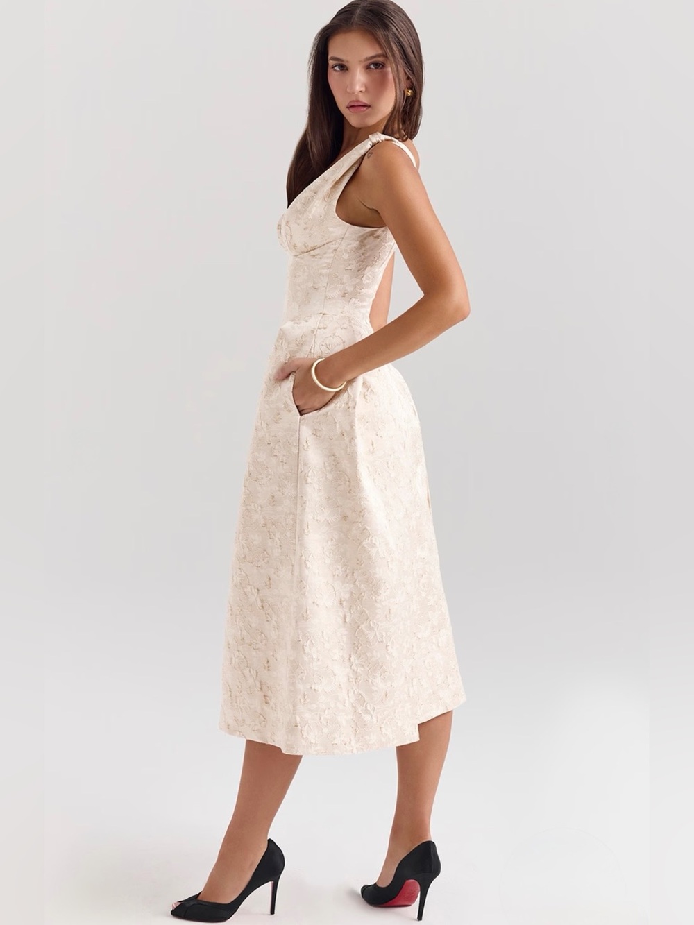 House of cb PALOMA Ivory Metallic Jacquard Midi dress - Picture 8 of 16